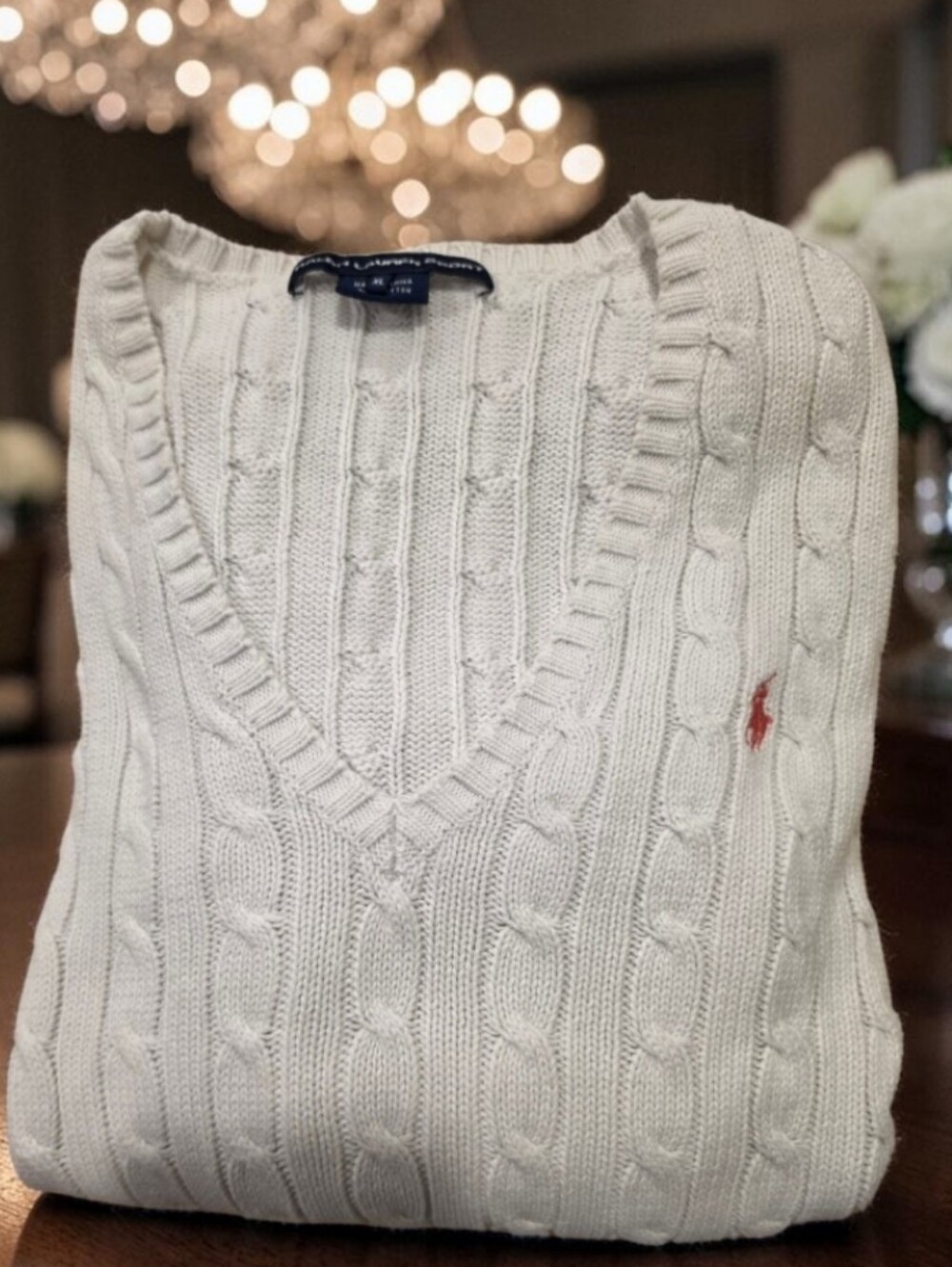 Ralph Lauren Sport Women's White Cable Knit V-Neck Sweater & Pink Pony Size-XL